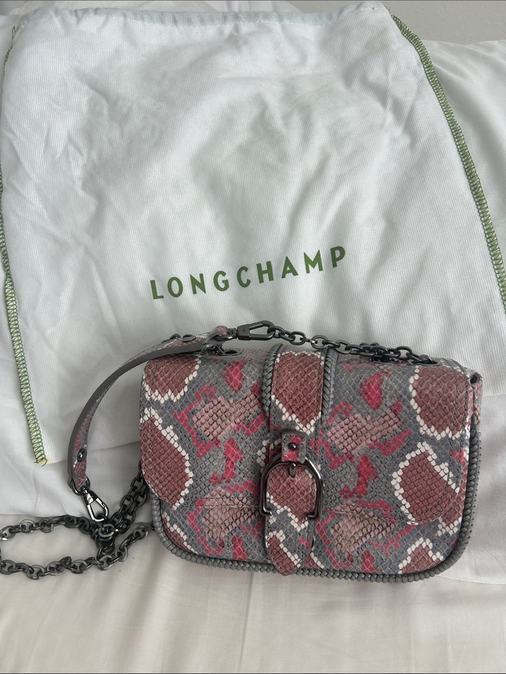 Longchamp Gray and Pink Snake-Print Leather Crossbody Bag